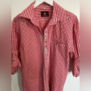 Trachten Red Gingham Cotton Button-Up Shirt Embroidered Detail Size L Country
